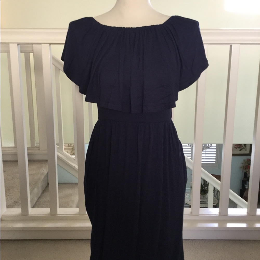 Navy blue dress off shoulder casual floor length maxi excellent condition,As New